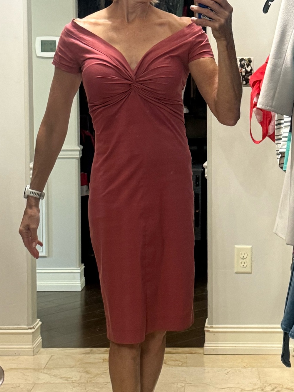 Prada Off-Shoulder Twist-Front Midi Dress in Dusty Rose